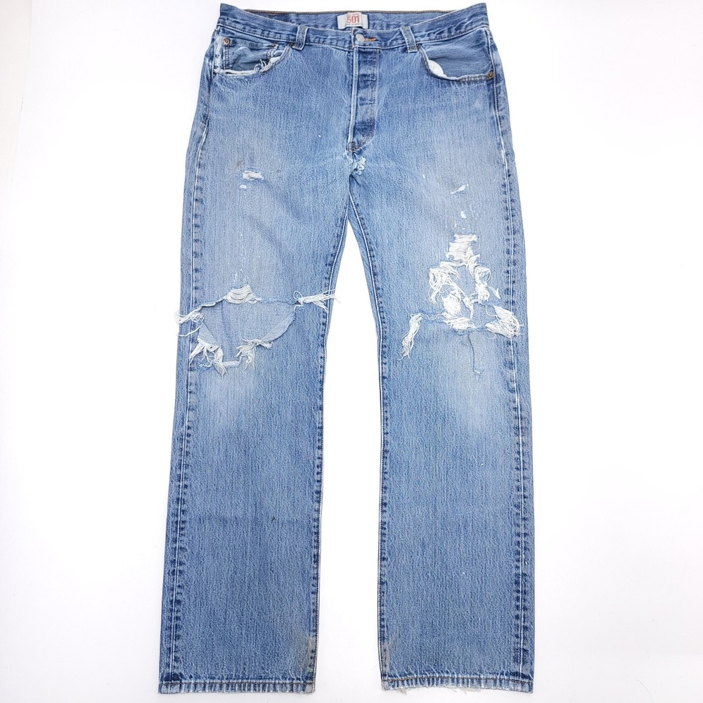 Vtg Levis 501 XX Jean Medium Wash Faded Denim Button Fly Distressed Ripped 36x32